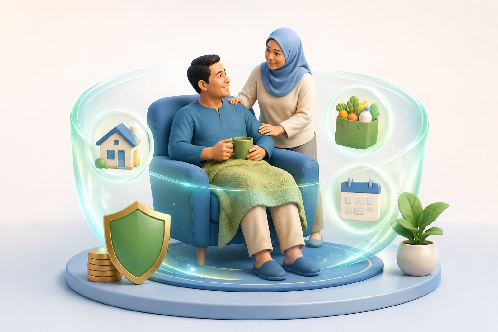 Ilustrasi 3D individu sedang pulih di rumah dengan sokongan pasangan dan perlindungan kewangan.