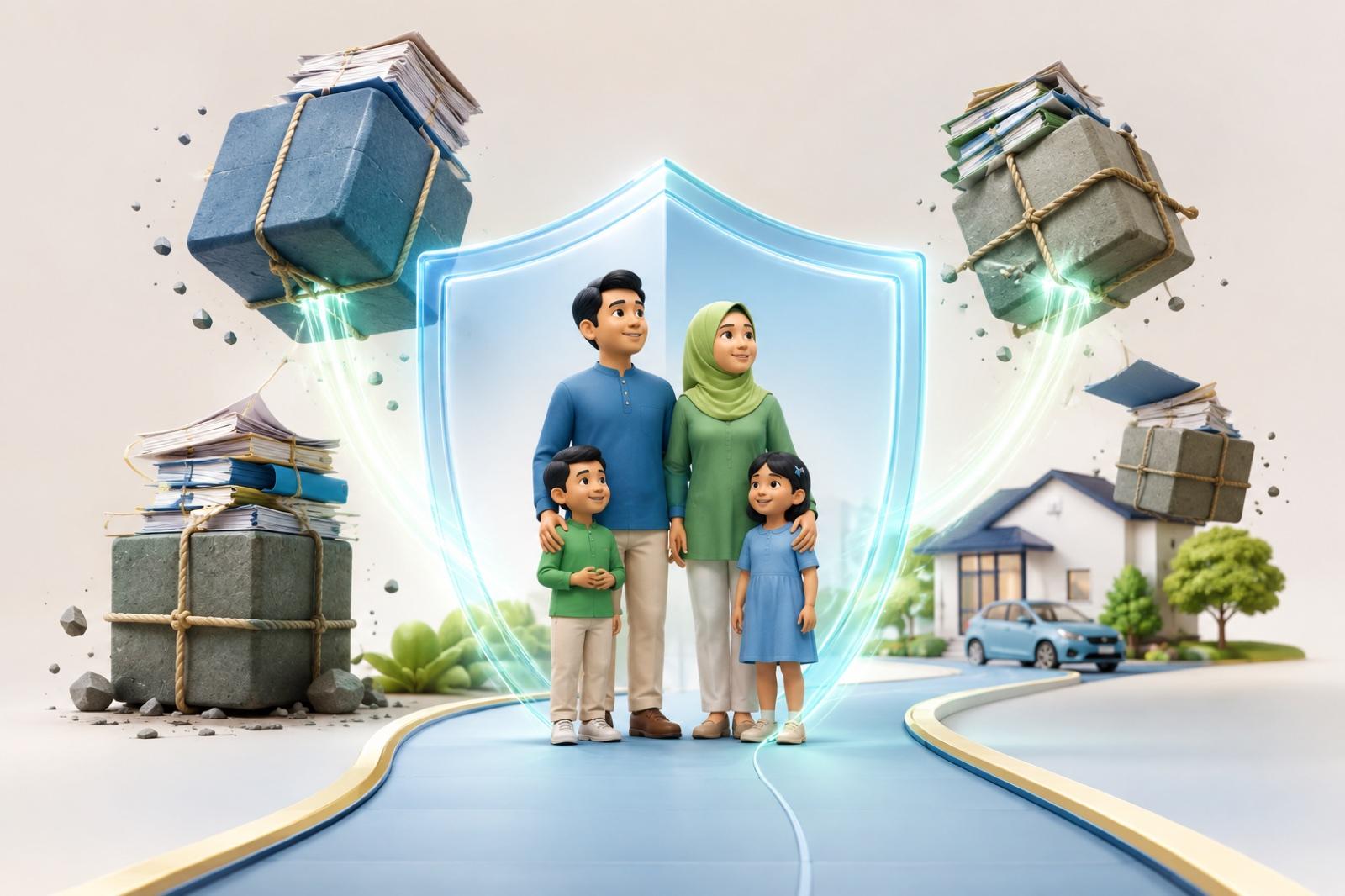 Ilustrasi 3D keluarga dilindungi daripada blok hutang dan dokumen yang berat.