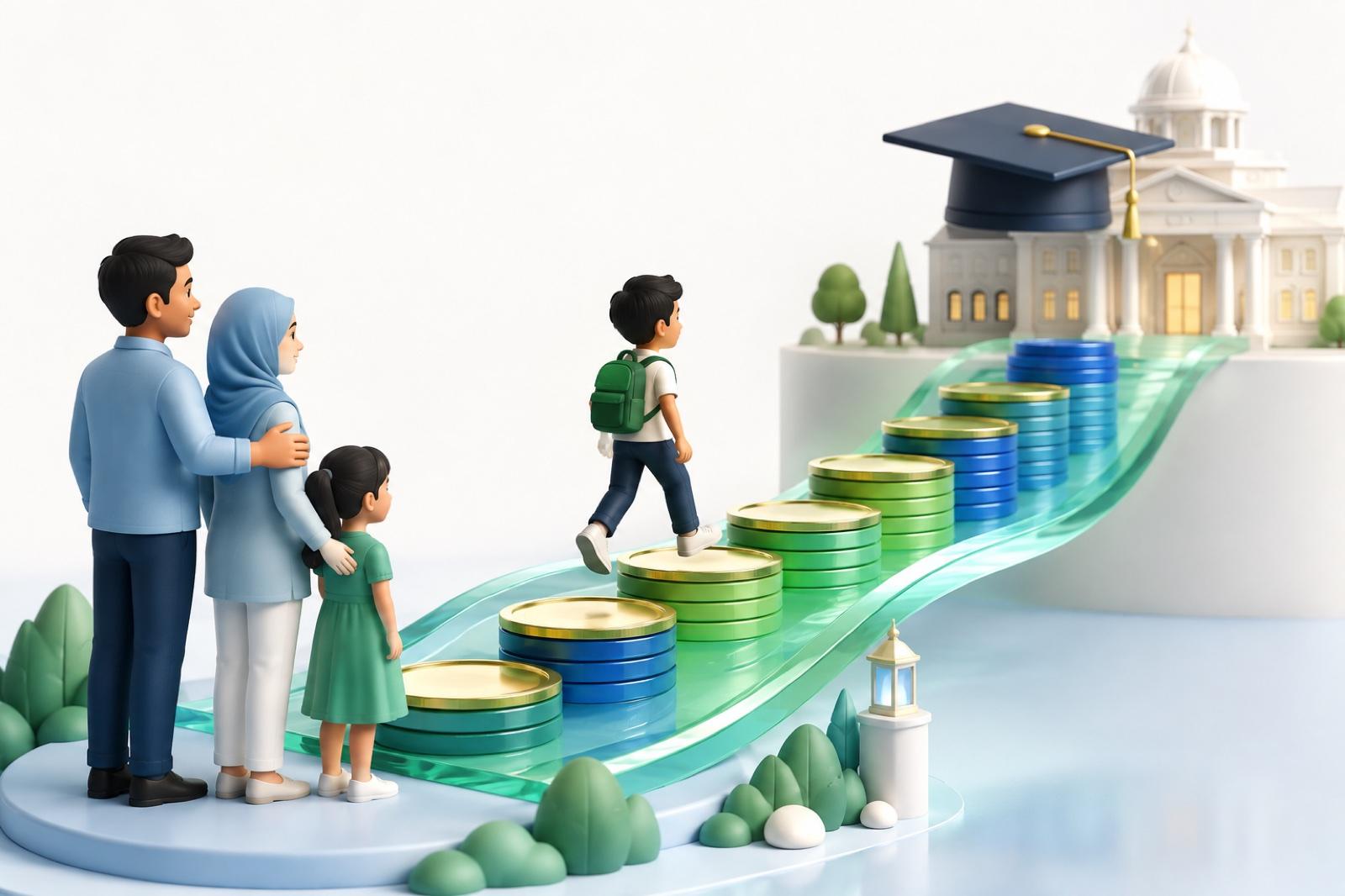 Ilustrasi 3D anak menaiki laluan simpanan menuju pendidikan tinggi dengan sokongan keluarga.