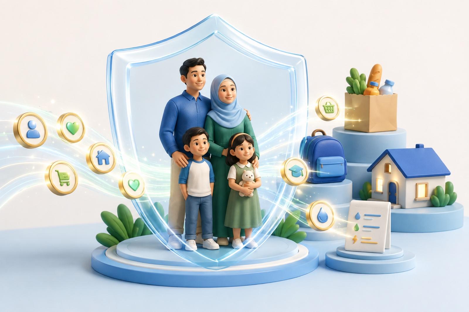 Ilustrasi 3D keluarga dilindungi perisai bersama keperluan rumah dan pendidikan.