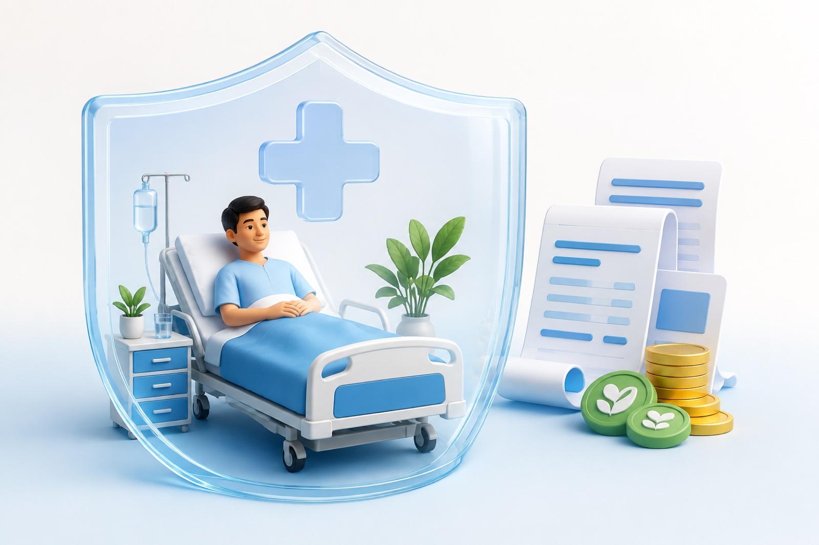Ilustrasi 3D pesakit hospital dilindungi perisai bersama bil rawatan dan dana.