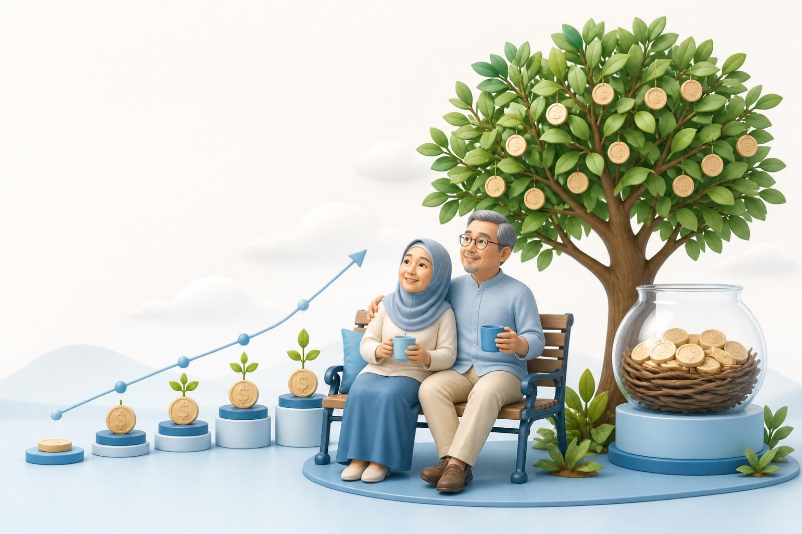Ilustrasi 3D pasangan bersara bersama pokok kewangan dan simpanan yang berkembang.